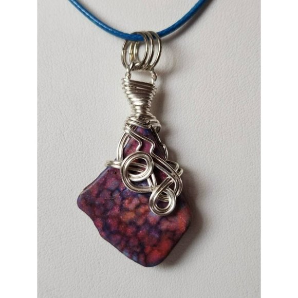 Artisan Wire Wrapped Silver Necklace with Pink and Purple Stone on Blue Cord wit - Picture 2 of 7
